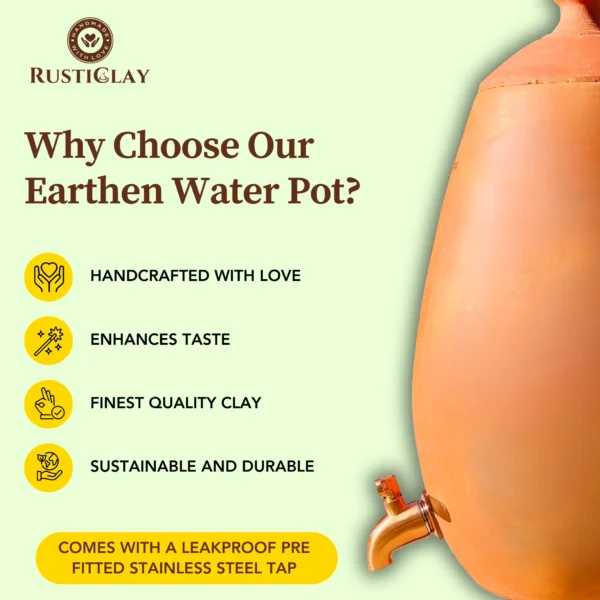 earthen clay water pot with metal tap